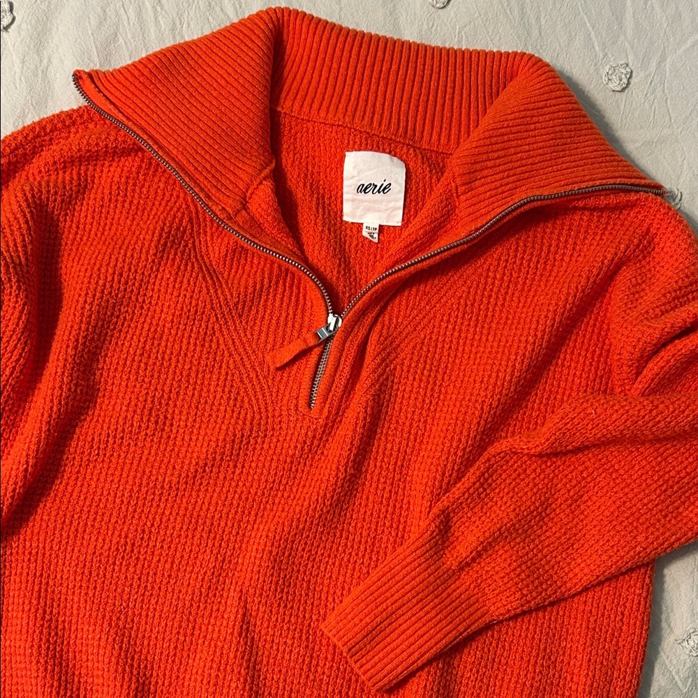 Aerie CozyUp Waffle Quarter Zip Collared Orange Sweater